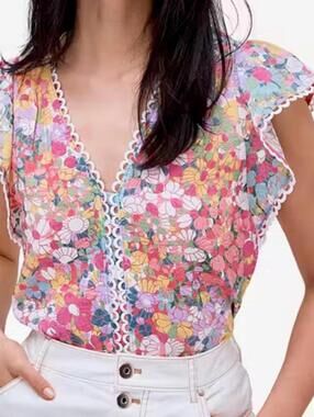 Kate Spade New York Boho Semi Sheer Floral Dots Pattern Cap Sleeve Blouse - S